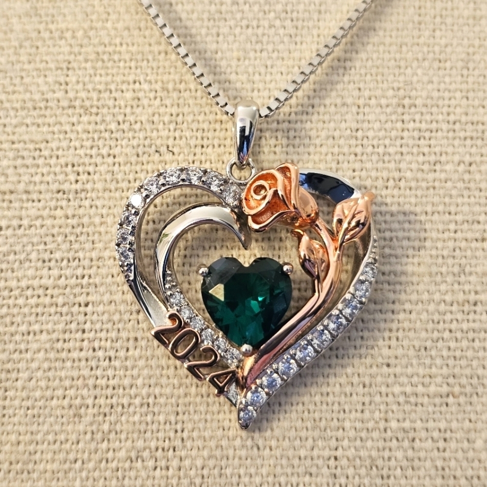 NEW 925 Silver Green Heart Pendant Necklace Rose Gold N1P72